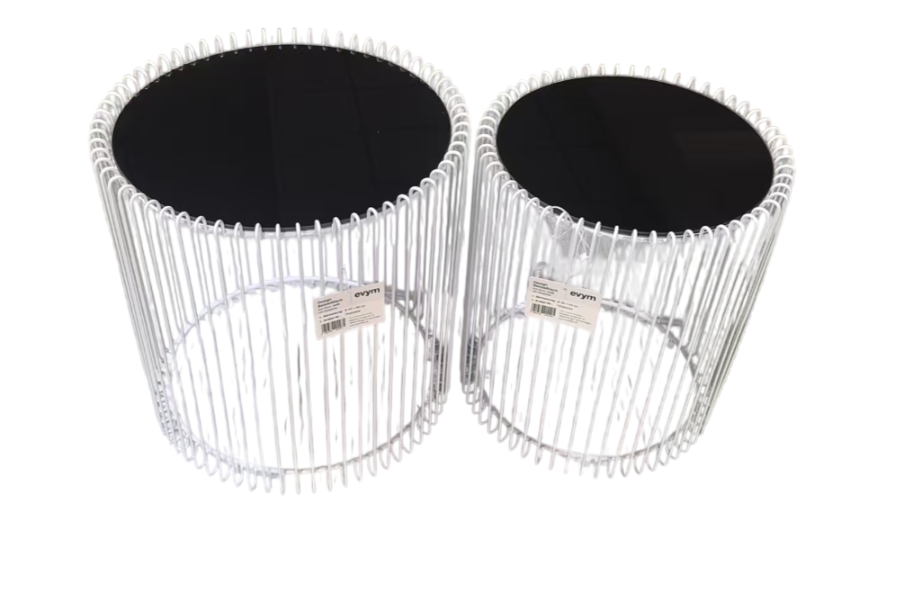 evym Design-Beistelltische 2er-Set in weis aus Eisen mit schwarzer Glasplatte – Ø45x46 cm & Ø38x44 cm Image