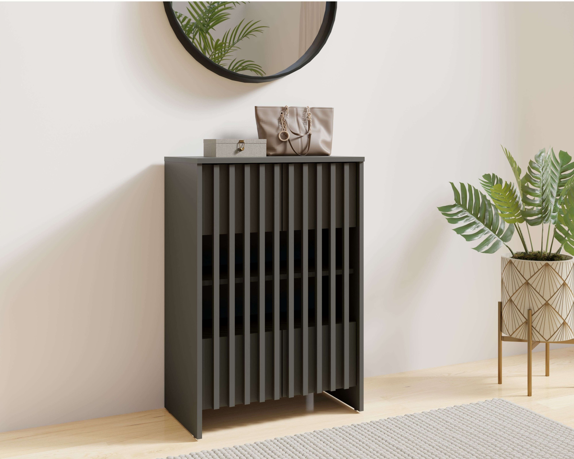 Schuhschrank HOME AFFAIRE "MURET Schuhregal mit vier Fächer und zwei Türen, Lamellenfronten", weiß, B:60cm H:87cm T:35,4cm, Melamin, Schränke, Schuhschrank