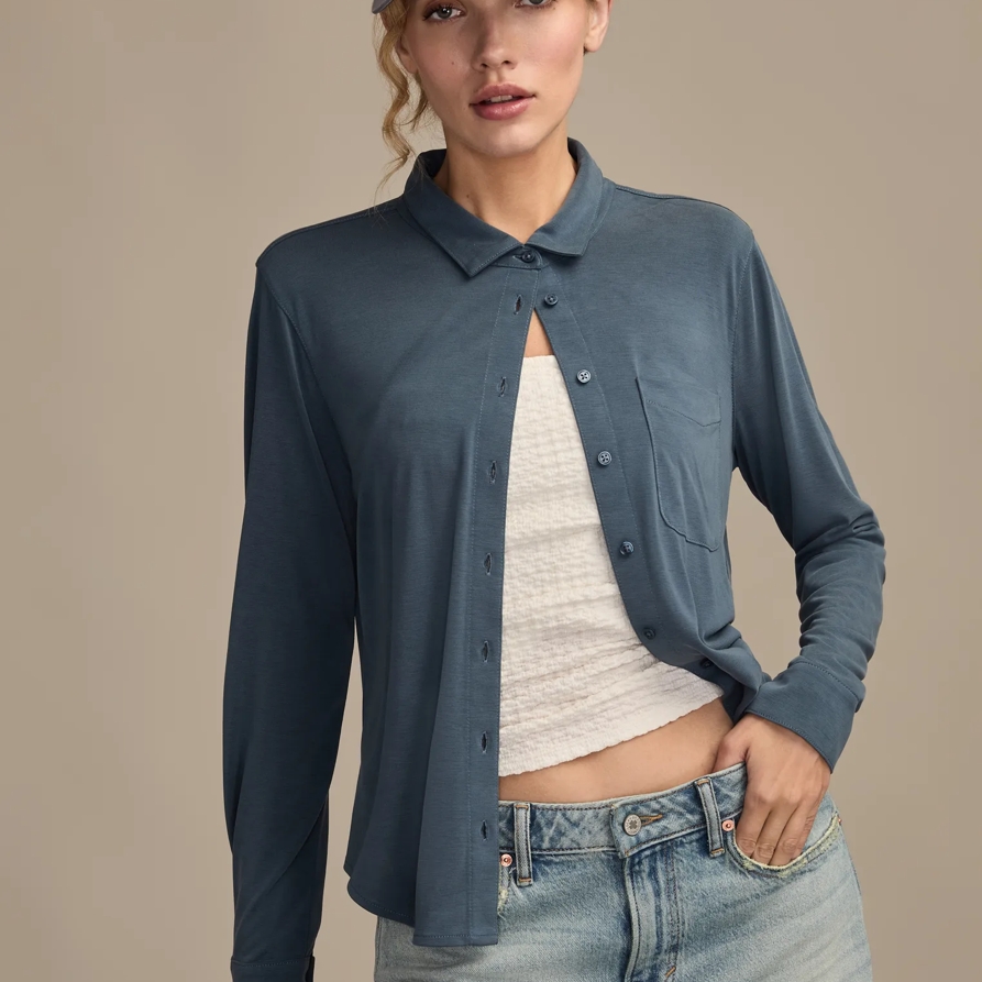 Lucky Brand Sandwash Long Sleeve Button Front - Women's Clothing Long Sleeve Tee Shirt Tops in Moonlit Ocean, Size XL
