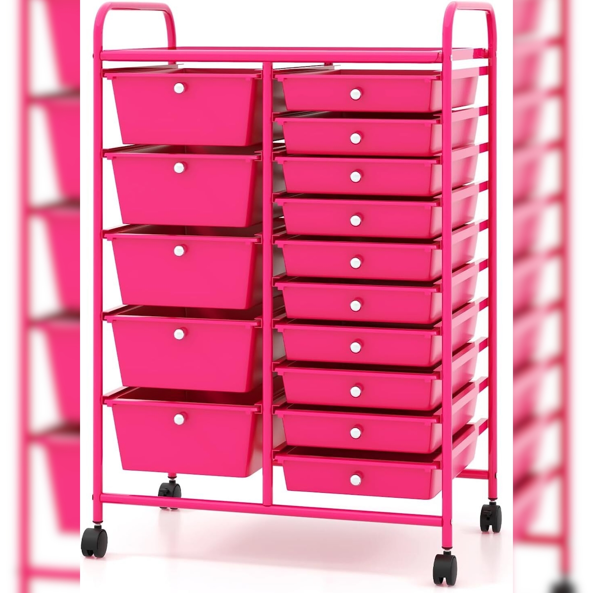 COSTWAY Rollwagen mit 15 Schubladen, Rollcontainer mit Metallrahmen und Regal, Badezimmer-Rollwagen Aufbewahrungswagen Image