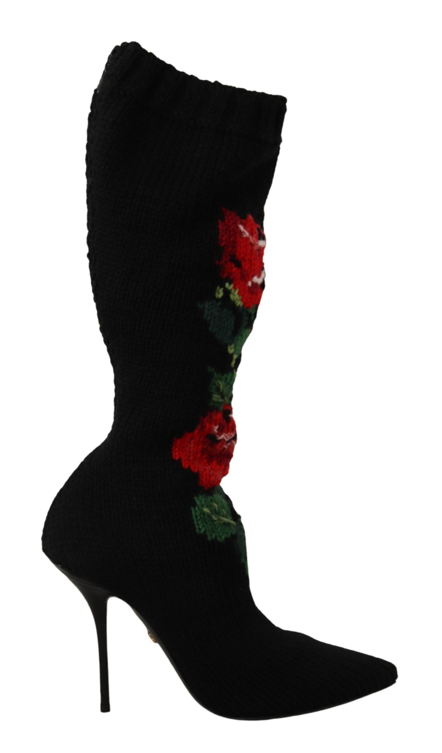 Dolce & Gabbana Schwarze Stretch-Socken Rote Rosen Stiefeletten Damenschuhe