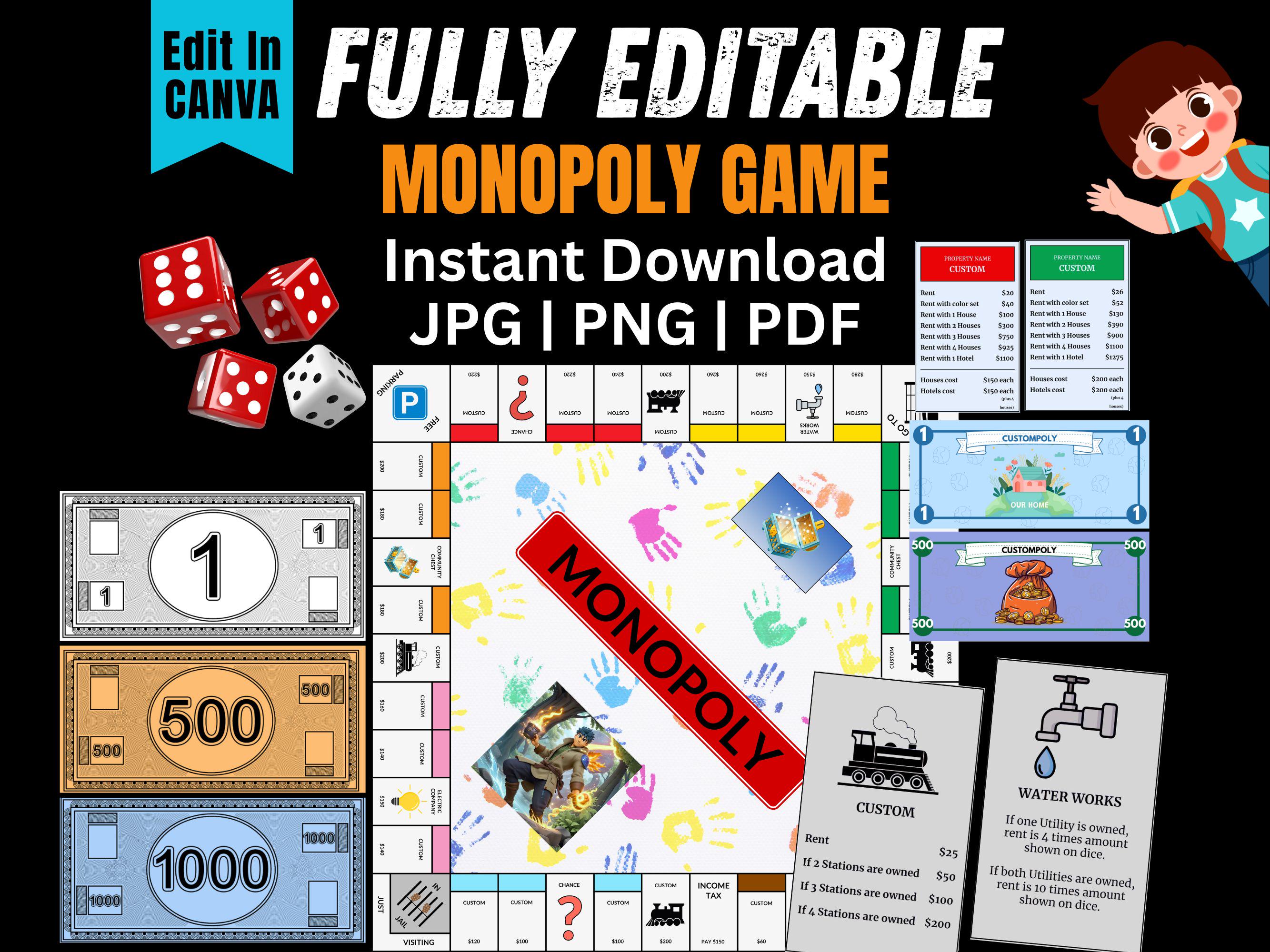 Modello Canva modificabile per il tabellone di gioco del Monopoly, gioco da tavolo personalizzato, gioco del Monopoly fai da te, Monopoly stampabile,