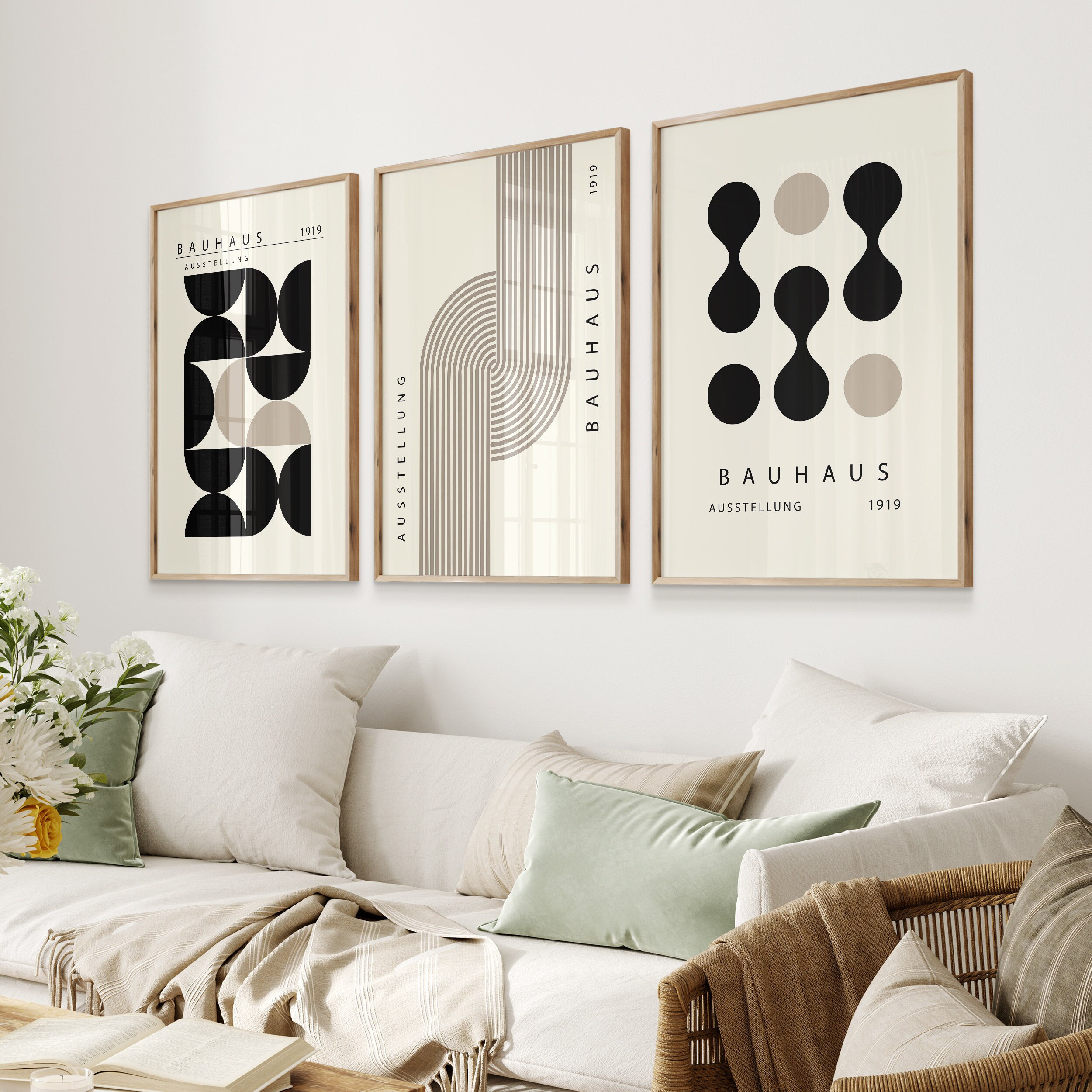 Set di 3 poster della mostra Bauhaus, set di poster Mid-Century Modern, set di stampe nere Bauhaus, arte murale della galleria Bauhaus, geometrica, di