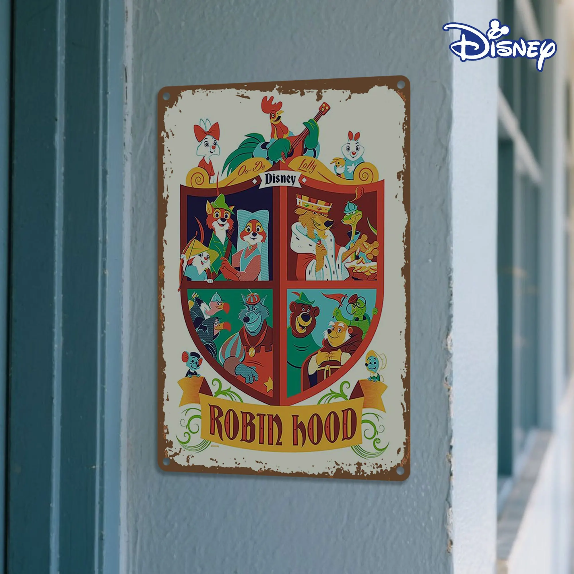 1 Stück Disney Robin Hood Vintage Metallblechschild Wandkunst – 20,3 x 30,5 cm rustikales dekoratives Eisenschild mit vorgebohrten Löchern, Rahmen Image