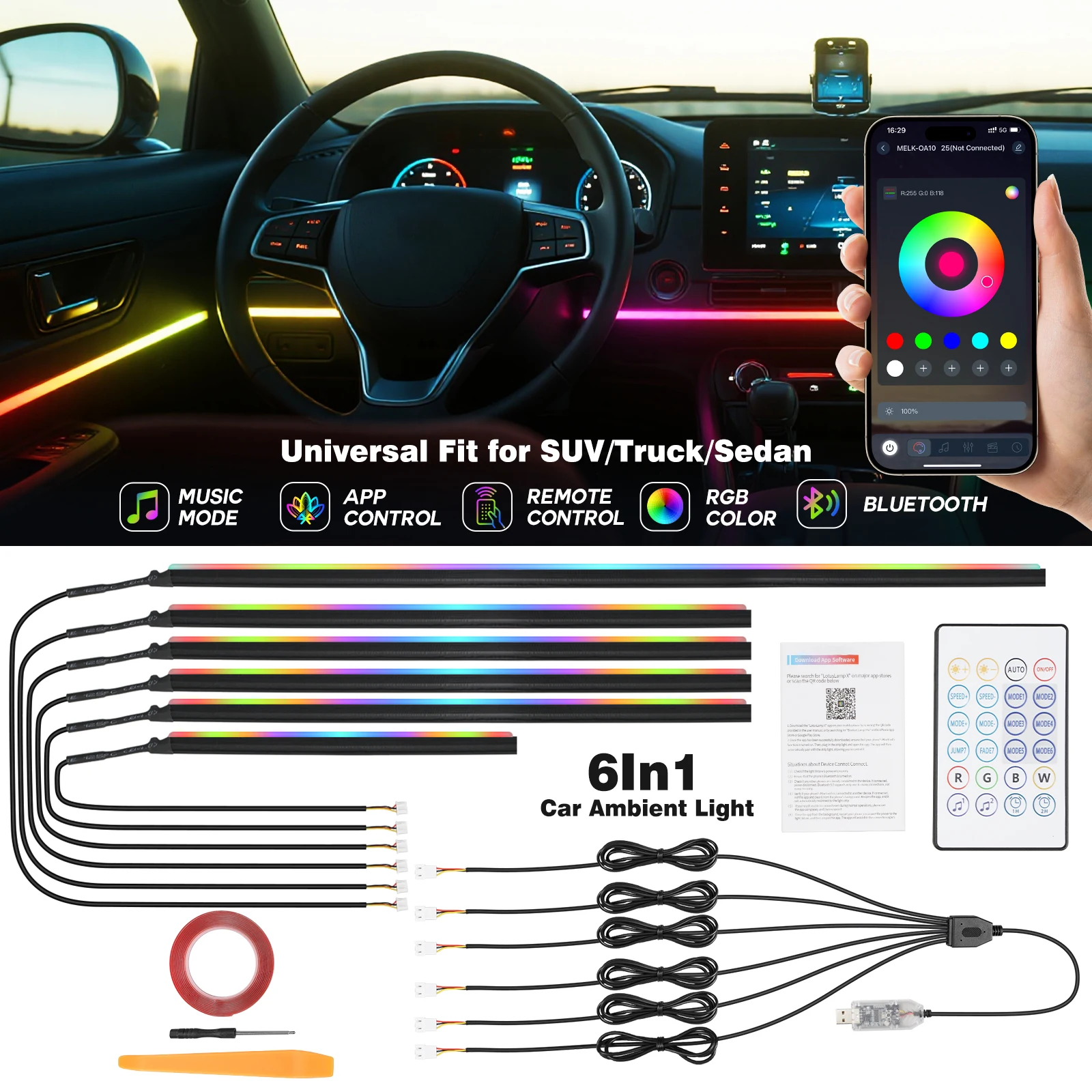 BEVINSEE Colorful Ambient Strip Light Car 6in1 RGB Acrylic LED Ambient Lamps Neon Car Decoration APP Remote Control USB Plug 12V