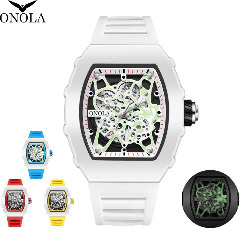 Coffret cadeau montres pour homme ONOLA 3827WGM Tonneau tendance montre-bracelet à Quartz blanc sport bracelet en Silicone lumineux étanche homme montre