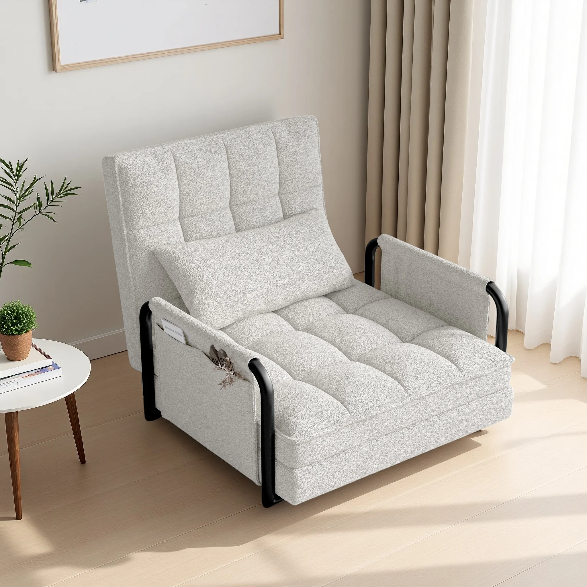 ROSAHQNDA 2-in-1-Schlafsofa, Einzelbett mit verstellbarer Rückenlehne bis zum Schlafsofa, ausziehbares Schlafsofa für Erwachsene, Lambfell, Grau Image