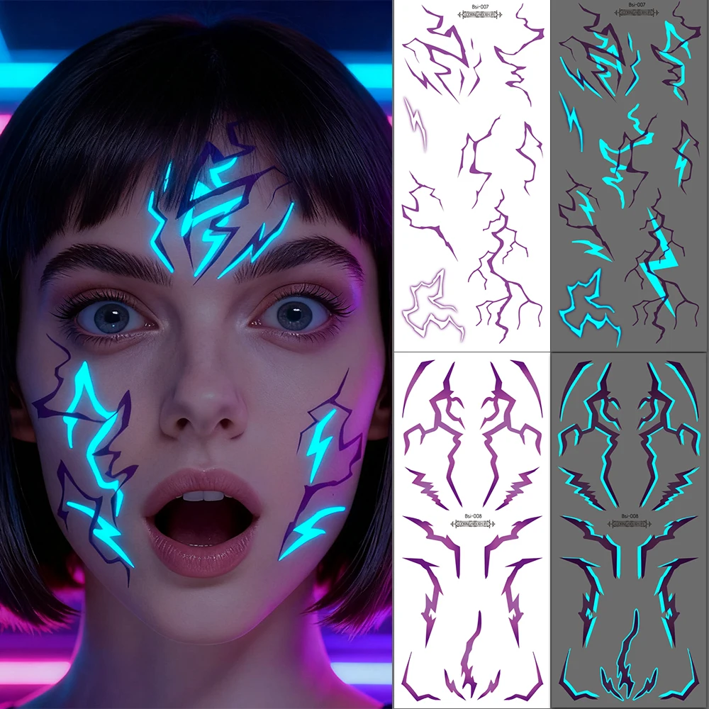 2 Stück Glow in The Dark Kpop Gothic Frauen Gesicht Temporäre Tattoos – Cool Blue Purple Lightning & Vein Body Art Wasserdichte Tattoos Image