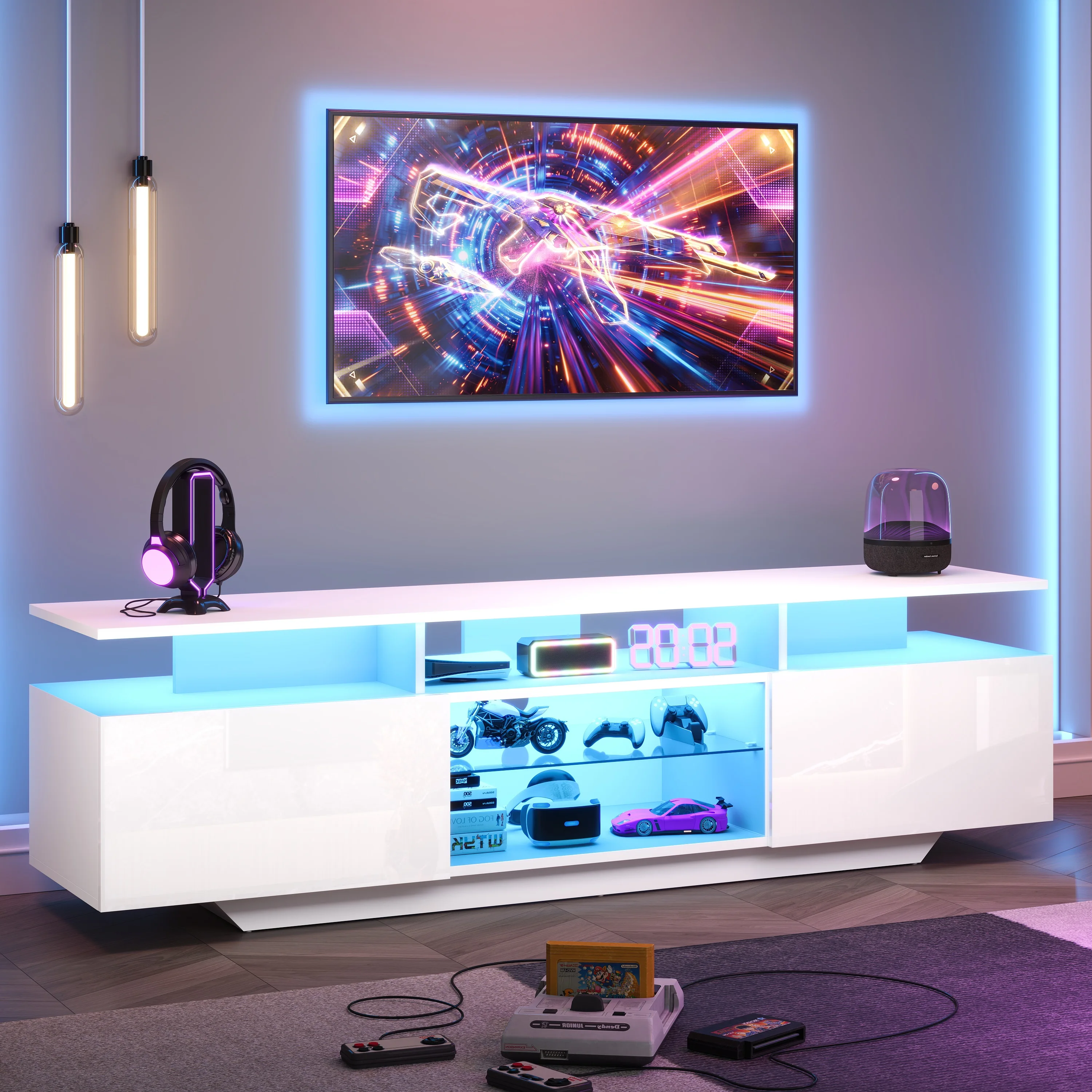 160 * 40 * 45 cm TV-Schrank, TV-Ständer mit 2 Schränken, Wohnzimmerschrank, Hochglanz-TV-Schrank mit LED-Lichtleiste, moderner TV