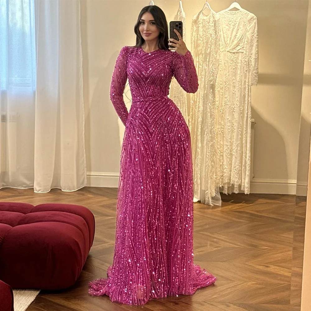 Bezauberndes lila-rotes, langärmliges, glitzerndes Abendkleid, elegantes, glänzendes, formelles Partykleid, Ballkleid für besondere Anlässe, individuell Image