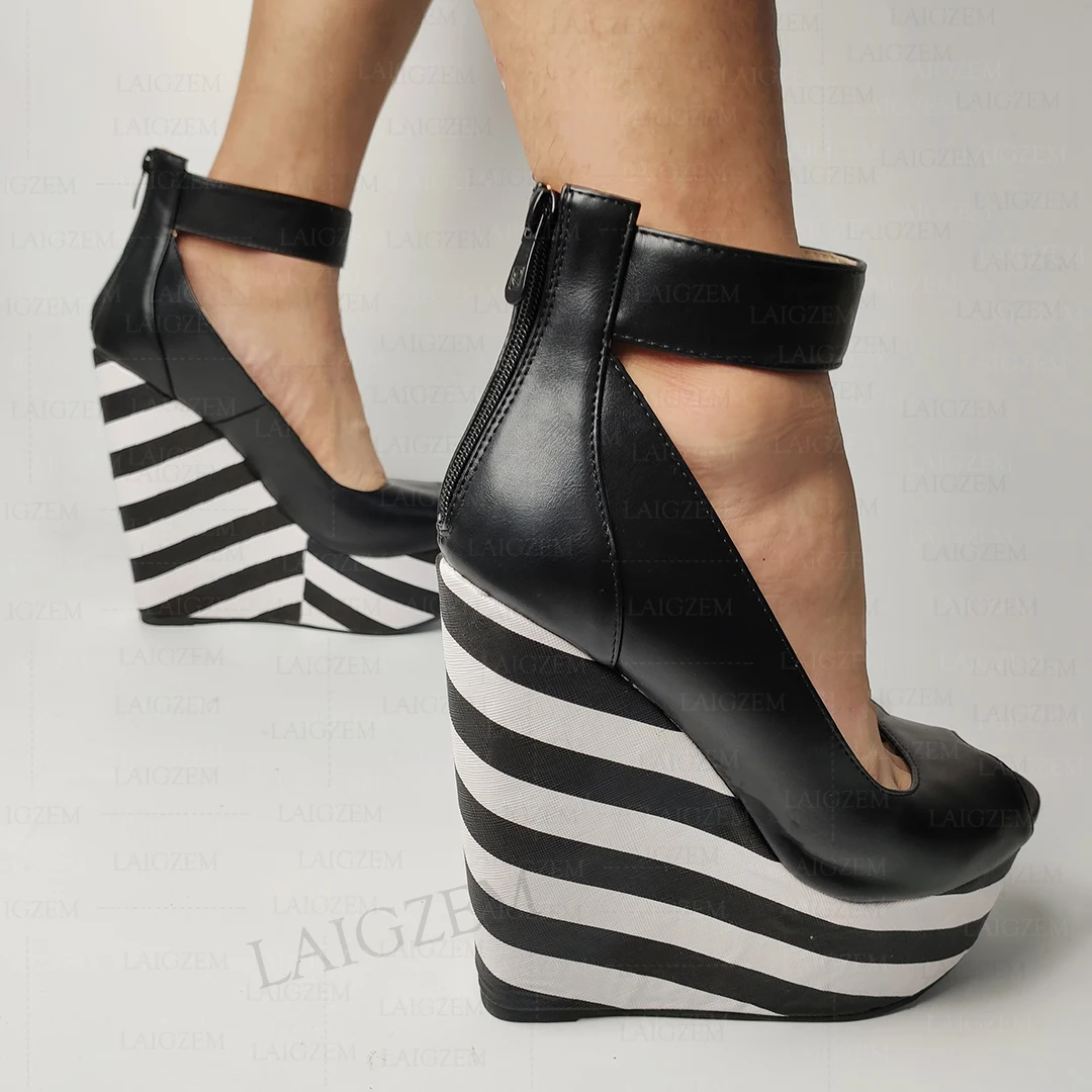 LAIGZEM Damen-Pumps, Plateau-Wedges, Peep-Toe, Kunstleder, Streifendruck, High Heels, Sandalen, Damenschuhe, Damen, große Größe 41, 42, 47