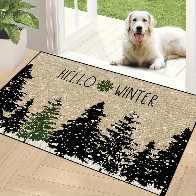 Hello Winter Pine Tree Design Small RugHome Decor Bedroom Living Room Entryway Floor Mat Kitchen Bathroom Carpet