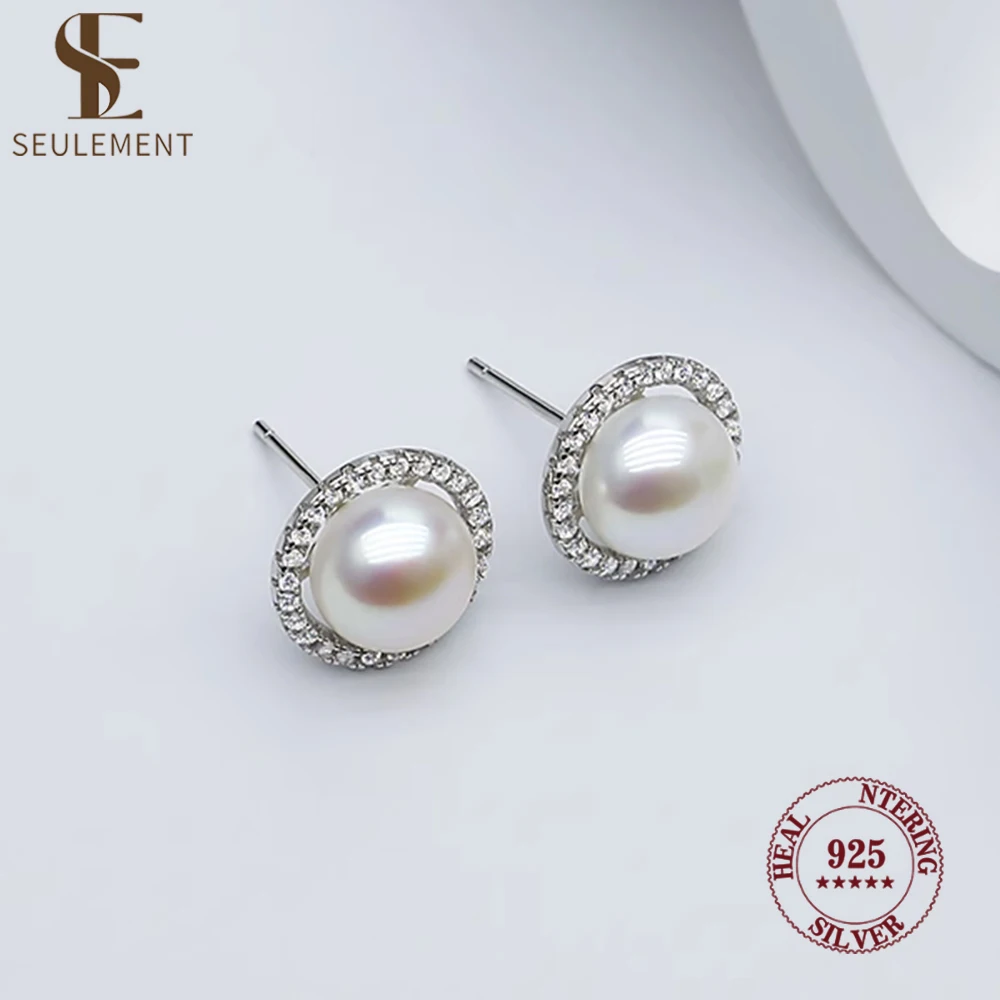 Orecchini a bottone con perle d'acqua dolce naturali in argento sterling 925 con zirconi Halo eleganti gioielli in argento sterling per le donne