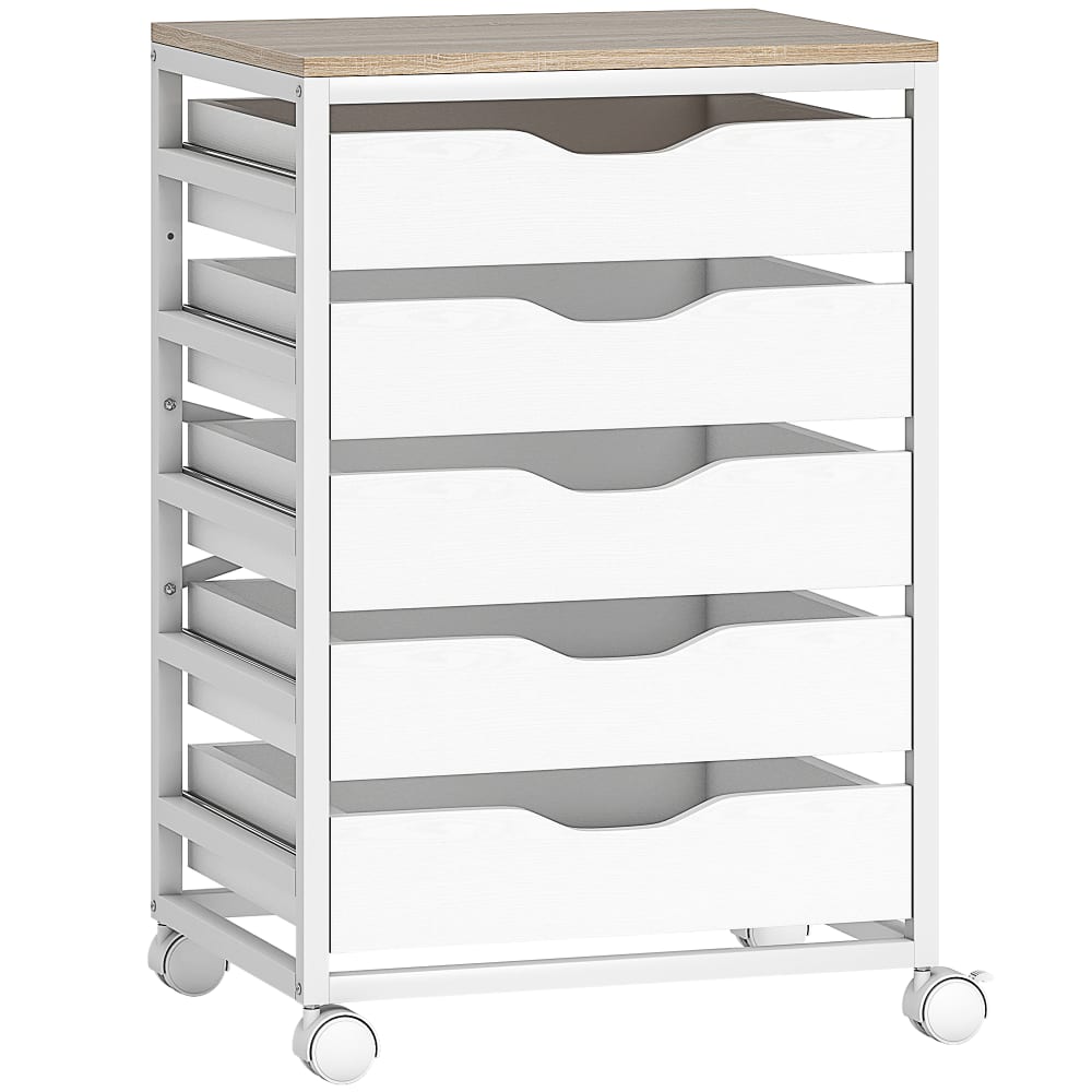 Caisson bureau mobile sur roulettes 5 tiroirs bois blanc