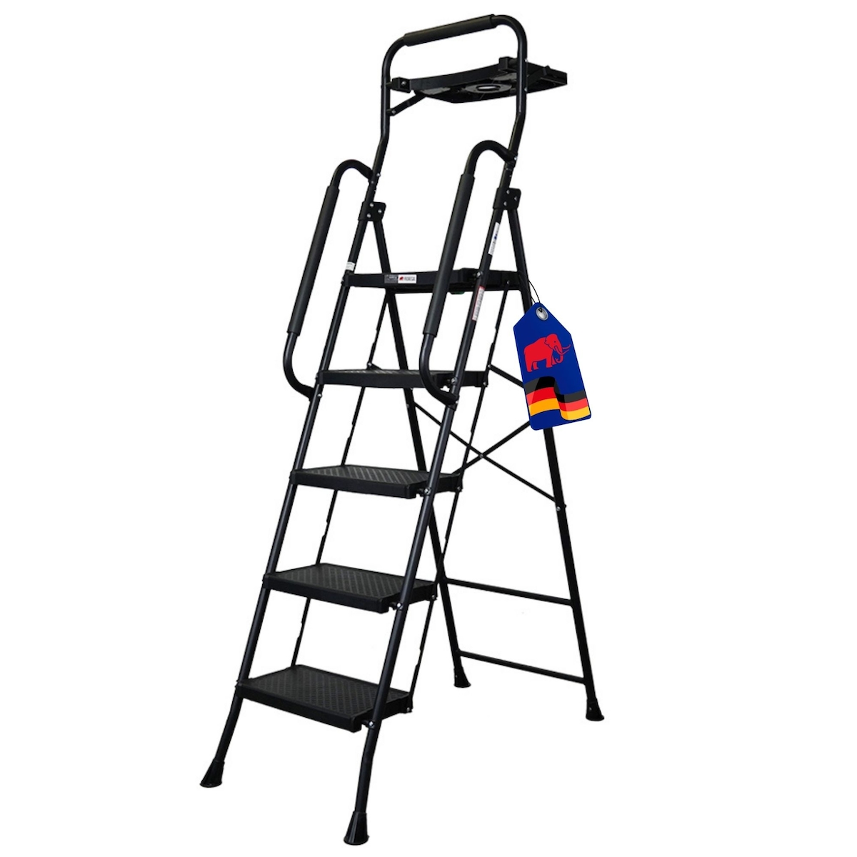 PROREGAL Profi-Trittleiter klappbar mit Handbügel und Werkzeugablage 5 Stufen 182x52x104cm Traglast 150kg Stahl Schwarz Klappleiter Haushaltsleiter Image