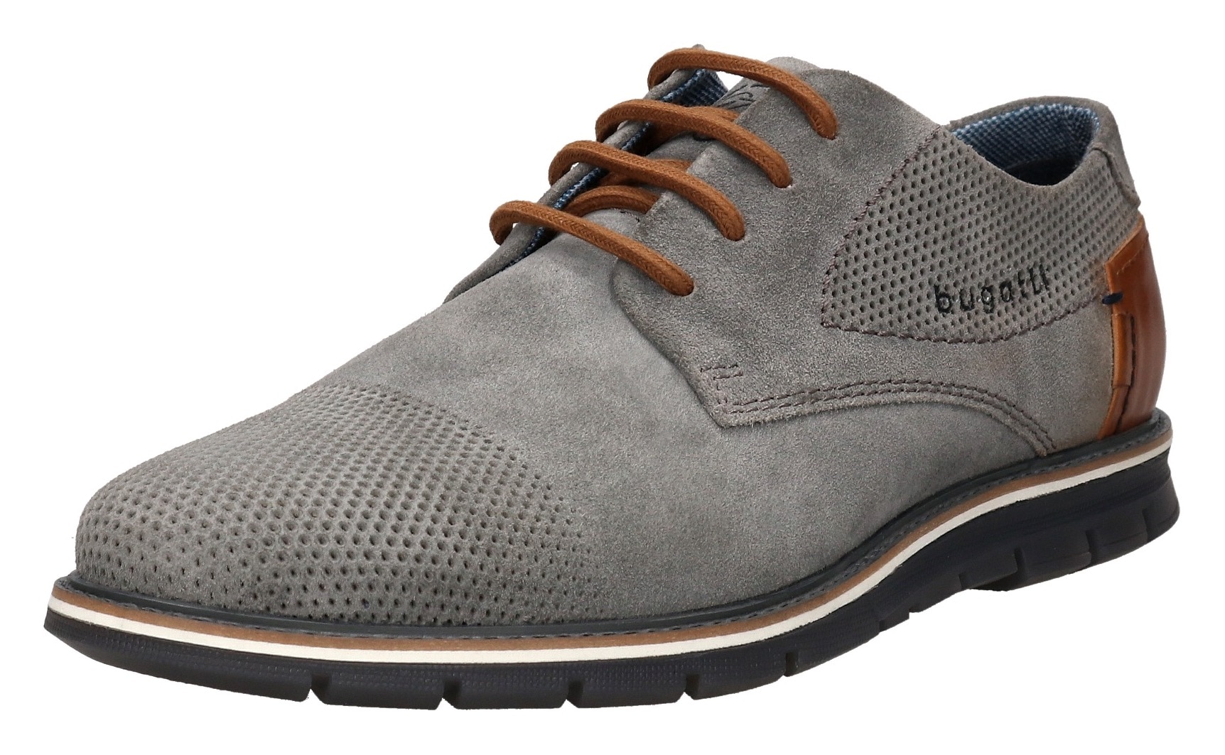 Schnürschuh BUGATTI, Herren, Gr. 48, grau (grau used), Veloursleder, used, Schuhe Schnürschuh, Freizeitschuh, Halbschuh, Sneaker mit Ziernähten