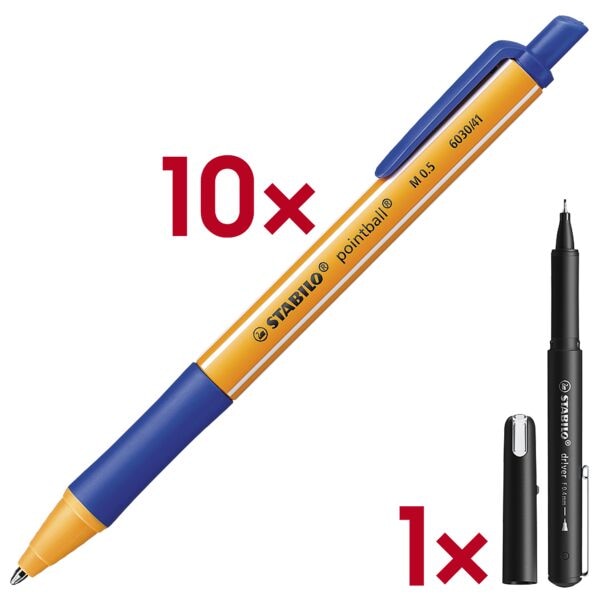 Stabilo 10x Kugelschreiber »pointball« inkl. Fineliner »dr!ver« 0,4 mm (F) schwarz blau Image