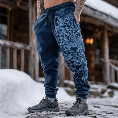 Herren Tiermotiv Wolf Wikinger Jogginghose Hose Mittlere Taille Kordelzug Elastischer Bund Vintage-Retro Outdoor Campen und Wandern Jagd Sportliche Jogginghose mit Taschen Herbst Winter 3D-Druck Blau Image