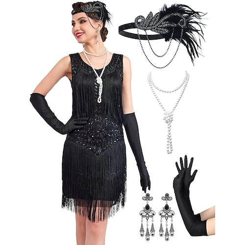 Set Goldene Zwanziger 1920er Cocktailkleid Knielang Flapper Kleid Kleid Outfits mit Zubehör Ärmellos Der große Gatsby Charleston Pailletten Quastenfransen Feder V Ausschnitt Kostüm Damen Karneval Image