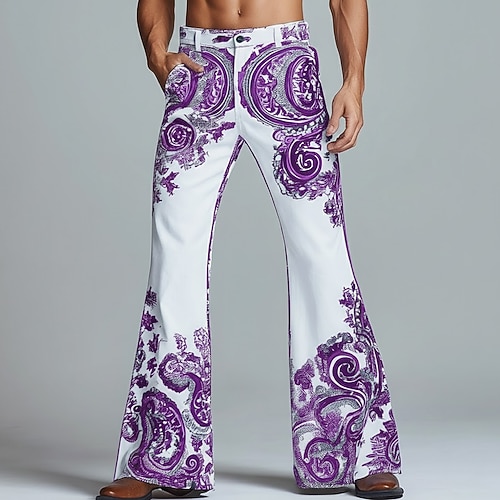 Herren Paisley-Muster Blumendruck Ethnisch Hose Disco-Hosen 60er 70er Schlaghosen Mittlere Taille Vintage-Retro Outdoor Party Lässig Seitentaschen Schlaghose Frühling Herbst 3D-Druck Blau Schwarz und Image