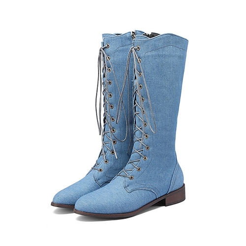 Damen-Schnürstiefel aus Denim – lässige, flache High-Top-Stiefel für Frühling und Herbst, bequem und stylisch Image