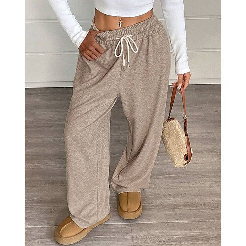 Damen Weites Bein Chinos Urlaub Streetwear Lässig Volle Länge Mittlere Taillenlinie Einfach Elastisches Kordelzugdesign Bequem Dehnbar Täglich Outdoor Urlaub Dunkelgrau Schwarz Khaki Aprikose Sommer Image