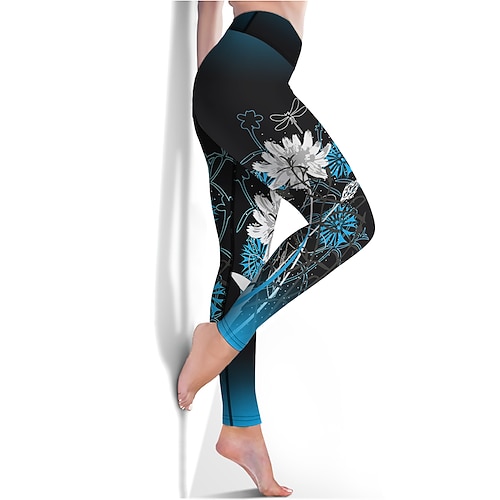 Damen Yogahose Po-Lifting Bauchkontrolle Hohe Taille Fitnesstraining Laufen Fitness Kurze Leggings Blumenmuster Dunkelmarine Herbst Sport Sportkleidung Hohe Elastizität Image
