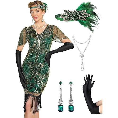 Set Goldene Zwanziger 1920er Cocktailkleid Knielang Flapper Kleid Kleid Outfits mit Zubehör Kurze Ärmel Der große Gatsby Charleston Pailletten Quastenfransen Feder V Ausschnitt Kostüm Damen Karneval Image