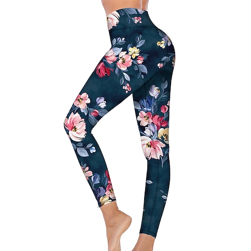 Damen Yogahose Po-Lifting Bauchkontrolle Hohe Taille Fitnesstraining Laufen Fitness Strumpfhosen Leggings Blumenmuster Dunkelmarine Herbst Winter Sport Sportkleidung Hohe Elastizität Image