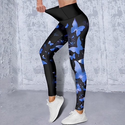 Damen Yogahose Po-Lifting Bauchkontrolle Hohe Taille Fitnesstraining Laufen Fitness Kurze Leggings Schmetterling Gelb Rot Blau Herbst Winter Sport Sportkleidung Hohe Elastizität Schmaler Schnitt Image