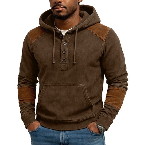 Herren Kapuzensweatshirt Pullover Kapuzensweatshirt Kapuzenpullover mit Knöpfen Fleece Kapuzensweatshirt Braun Grün Mit Kapuze Einfach Patchwork Farbblock Sport Outdoor Lässig Täglich Polyester Image