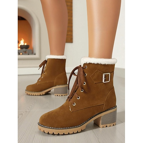 Hellbraune, fleecegefütterte Winterstiefeletten für Damen – warme, robuste Schneestiefeletten mit Blockabsatz, rutschfeste Outdoor-Schuhe für Arbeit, Reisen, Shopping und kaltes Wetter Image