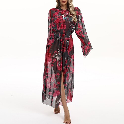 Damen Strandkleid Lange, fließende Kimono-Cardigans Grafik Boho Kurzes Bein Chiffon UV Schutz Atmungsaktiv Langarm Bademode Surfen Strand Urlaub Sommer Image
