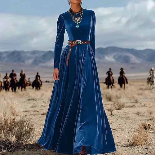 Damen Langes Kleid Maxikleid Boho-Kleid schwarzes kleid Samtkleid Elegant Modern Täglich Ausgehen Wochenende Normale Passform Einfach Langarm Rundhalsausschnitt Blau Schwarz Wein Braun Frühling Herbst Image