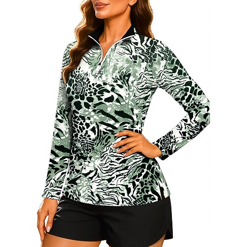 Damen Tiermotiv Leopard Abstrakte Kunst Oberteile Shirt Sporthemd Golf-Poloshirt Langarm Tupfen Streifen Druck UPF50 UV-beständig UV Schutz Elastisch Atmungsaktiv Pilates Volleyball Tennis Gerollter Image