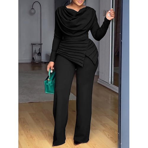 Damen Normal Overall Elegant Einfarbig Langarm Weites Bein Rundhalsausschnitt Hohe Taille Urlaub Täglich Normale Passform Schwarz Wein Braun Frühling Image