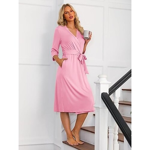 Vintatre Damen-Kimono-Bademantel, langer Strick-Bademantel, leichte, weiche Strick-Nachtwäsche, V-Ausschnitt, lässige Damen-Loungewear Image