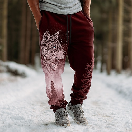 Herren Tiermotiv Wolf Keltische Kunst Jogginghose Hose Mittlere Taille Kordelzug Elastischer Bund Vintage-Retro Outdoor Campen und Wandern Jagd Sportliche Jogginghose mit Taschen Herbst Winter Image