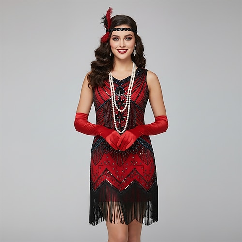Set Goldene Zwanziger 1920er Knielang Kurze Länge Kleid Flapper Kleid Outfits mit Zubehör Ärmellos Der große Gatsby Hochzeitsgast Pailletten Quastenfransen Pailletten V Ausschnitt Kostüm Damen Image