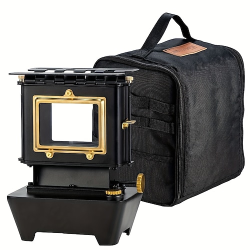 Vintage-Kohleofen, Feuerstelle für den Außenbereich mit Glasscheibe, robuste Metallkonstruktion, kein Stromanschluss erforderlich, für Camping, Grillen im Garten, Tee Kochen, tragbarer Campingkocher, Image