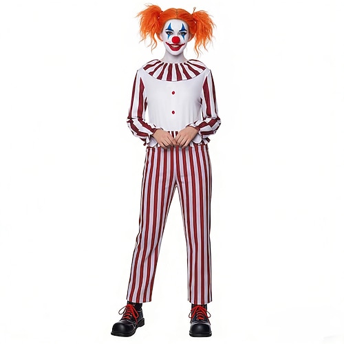 Karnevalskostüm 2026 Joker Clown Karneval Kostüm Overall Clown im Kornfeld Horror Gruseliges Kostüm Weiß und Rot Gestreift Erwachsene Damen Halloween Karneval Party Leistung Einfaches Karnevalskostüm Image