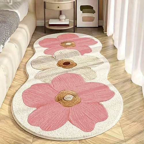 Läuferteppich, dicker Plüschteppich in Blumenform, weicher, gemütlicher Bodenteppich für Wohnzimmer und Schlafzimmer, niedliches, unregelmäßiges Muster, rutschfester Bettvorleger Image