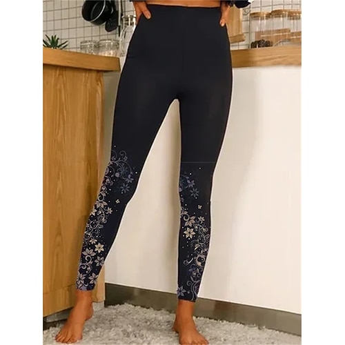 Damen Yogahose Bauchkontrolle Kolbenheber Rasche Trocknung Hoher Taillenbund Yoga Fitness Fitnesstraining Kurz geschnittene Leggings Unten Blumen Golden Schwarz Schwarze Mischung Sport Sportkleidung Image