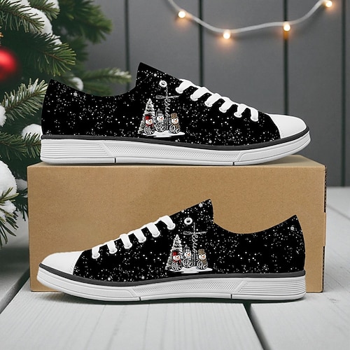 Rote Damen-Sneaker mit Weihnachtskatzenmotiv und Schneeflockenapplikationen – festliche Schnürschuhe aus Canvas für gemütliche Wintertage, Weihnachtsfeiern und Freizeit.