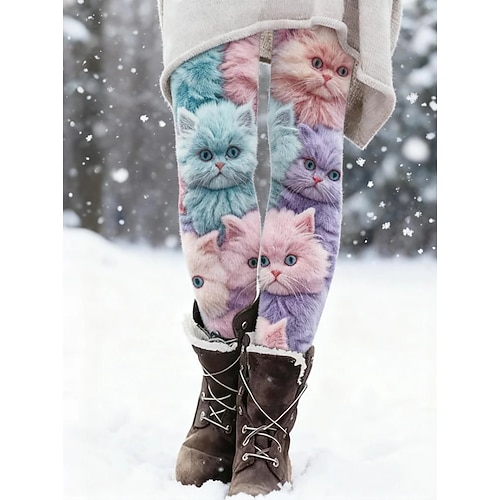Damen Leggings Urlaub Vintage Mode Volle Länge Hohe Taille Grafik Tiermotiv Katze 3D-Druck Schnelltrocknend Atmungsaktivität Weich Dehnbar Täglich Heim Outdoor Blau Herbst Winter Schmale Passform Image