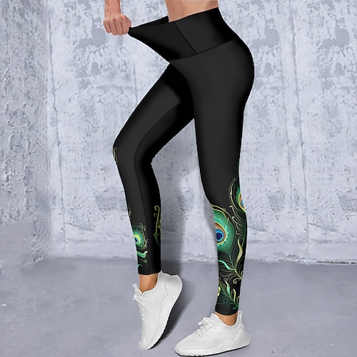 Damen Yogahose Po-Lifting Bauchkontrolle Hohe Taille Fitnesstraining Laufen Fitness Kurze Leggings Pfauenfeder Schwarz Gelb Grün Herbst Winter Sport Sportkleidung Hohe Elastizität Schmaler Schnitt Image