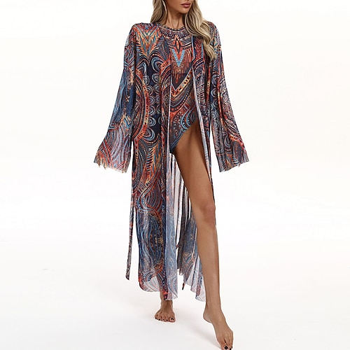 Damen Strandkleid Lange, fließende Kimono-Cardigans Grafik Boho Kurzes Bein Chiffon UV Schutz Atmungsaktiv Langarm Bademode Surfen Strand Urlaub Sommer Image