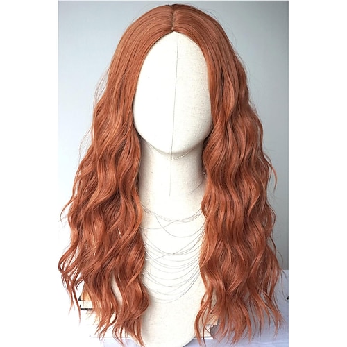 Lange, natürliche rote Perücke, rote Haarperücke, lange lockige Kostümperücke, synthetische, rot-kupferfarbene, gewellte Lockenperücke, 71 cm (28 Zoll) für Karnevalspartys Image