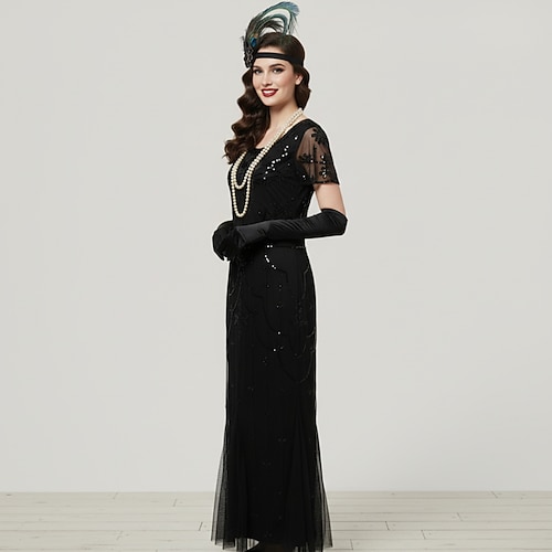 Set Goldene Zwanziger 1920er Knöchellänge Kleid Abendkleid Outfits mit Zubehör Kurze Ärmel Der große Gatsby Charleston Hochzeitsgast Feder V Ausschnitt Kostüm Damen Neujahr Maskerade Abschlussball Image