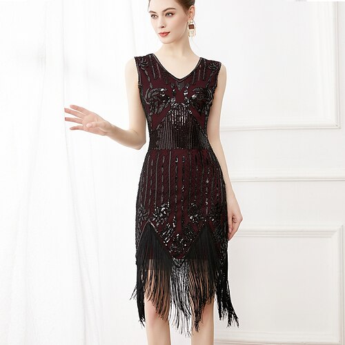 Goldene Zwanziger 1920er Knielang Flapper Kleid Ärmellos Der große Gatsby Pailletten Fransen Schlauchkleid V Ausschnitt Kostüm Damen Weihnachten Karneval Maskerade Retro-Mottoparty Charleston-Tanz Image